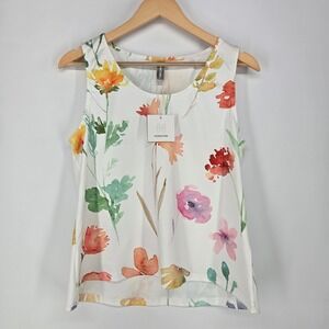 Noracora Womens White Watercolor Floral Jersey Tank Top Scoop Neck small s